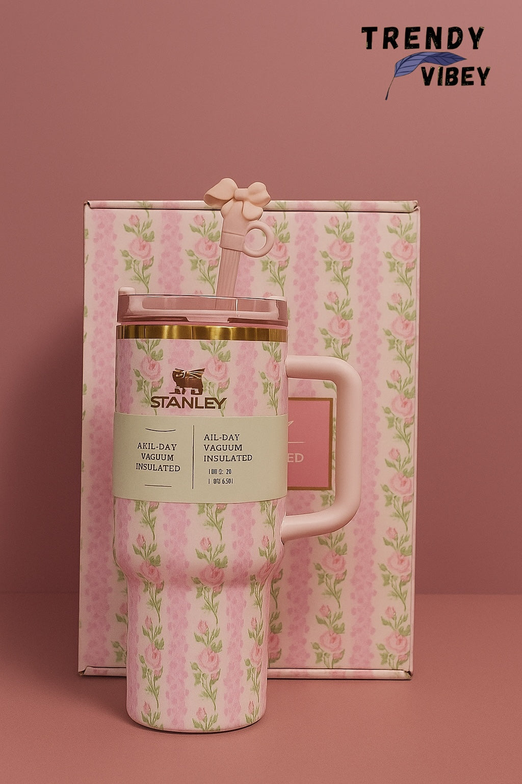 Floral Pink Stanley Tumbler with Straw & Bow – 40oz