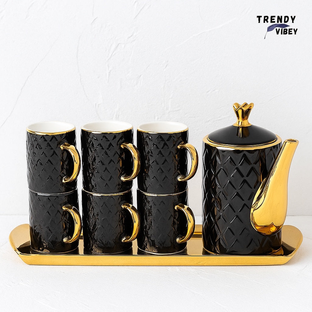 Elegant Black & Gold Luxury Tea Set – 6 Cups with Teapot & Tray