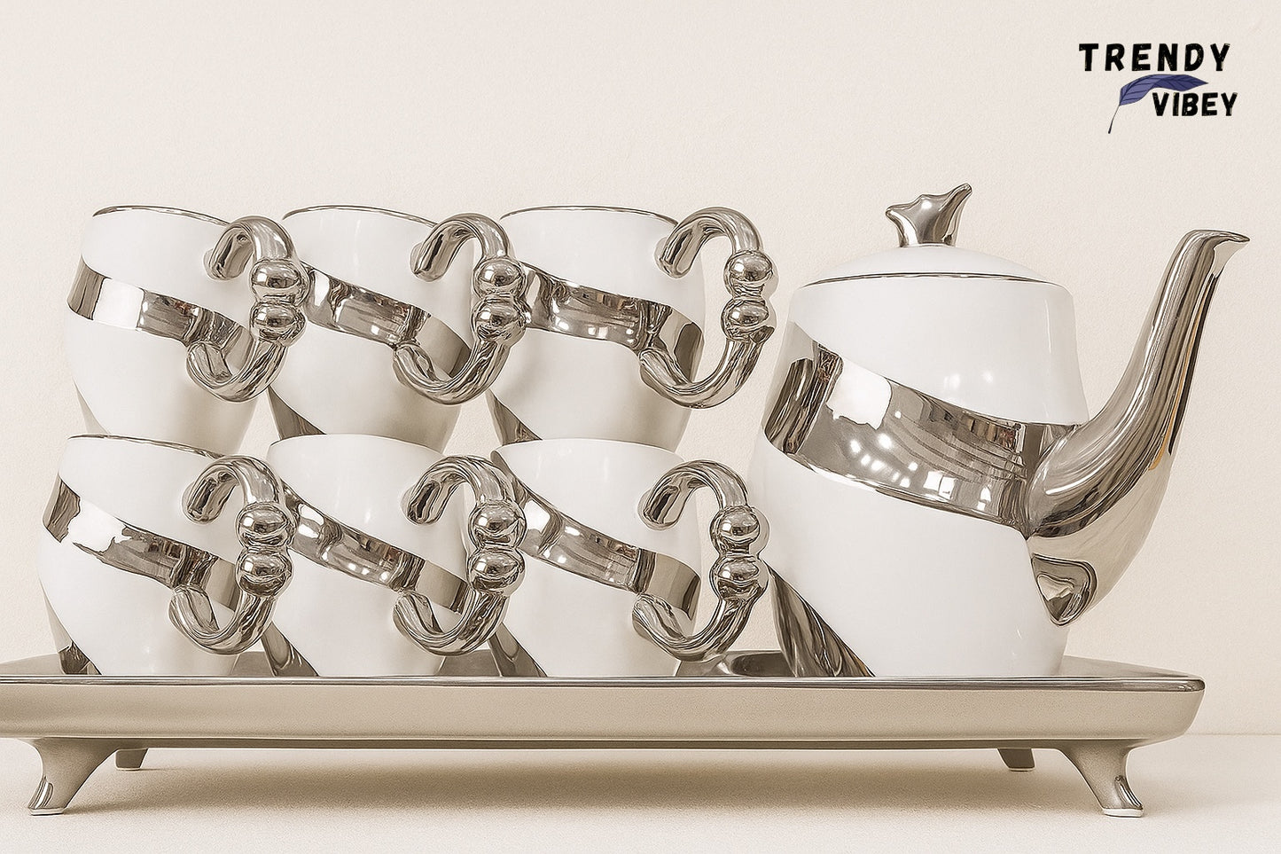 Luxury Silver-Trimmed Porcelain Tea Set – 6 Cups & Teapot on Elegant Tray